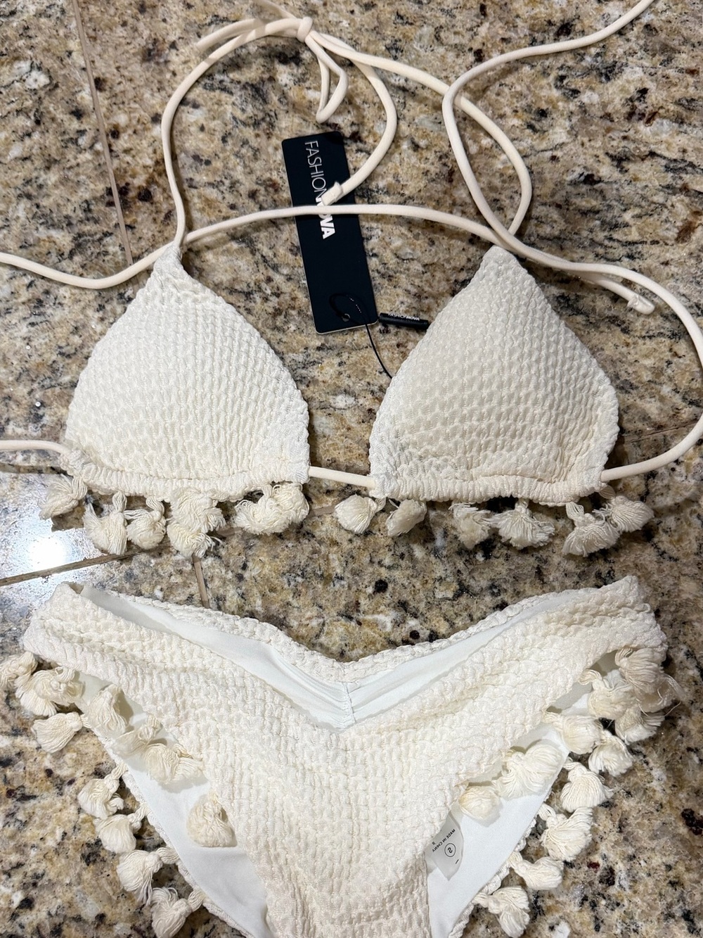 Fashion Nova Cream Textured Pom-Pom Bikini